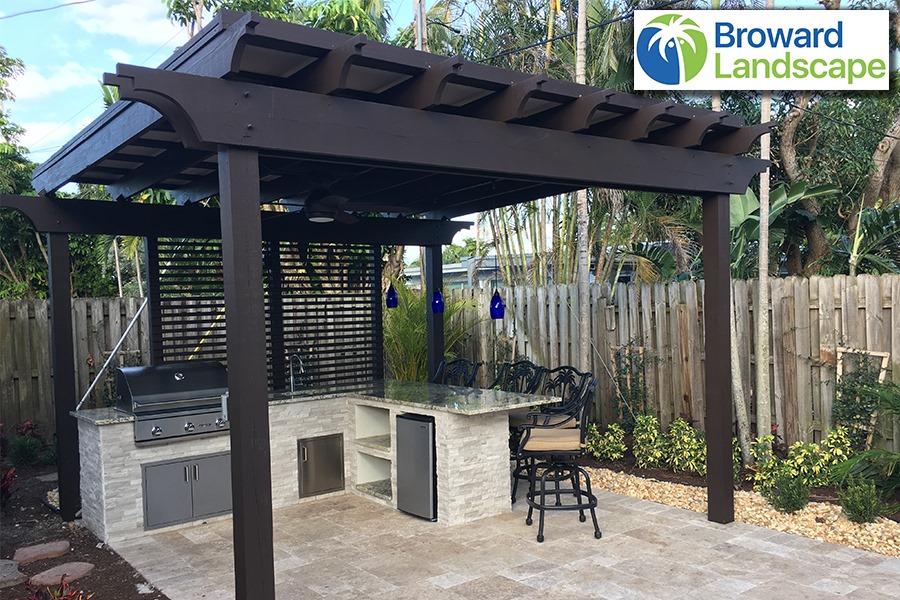 Modern backyard with pergola and outdoor kitchen.