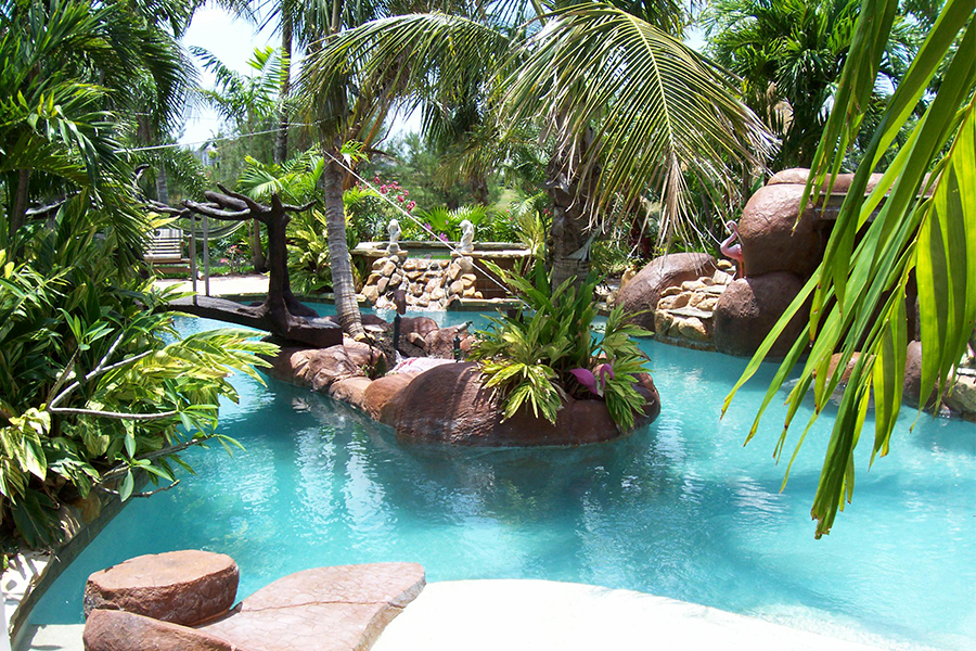 A tropical pool surrounded by palm trees and rocks.